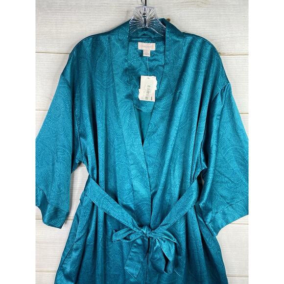 Cabernet Kimono Style Robe Sz L Turquoise Printed Belted Satin Long Classic NWT - Picture 2 of 8